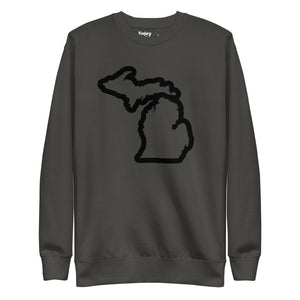 Michigan Outline premium sweatshirt shown in vintage black with a black Michigan outline graphic printed on the front. By Enjoy Michigan.