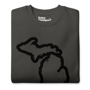 Michigan Outline premium sweatshirt shown in vintage black with a black Michigan outline graphic printed on the front. By Enjoy Michigan.