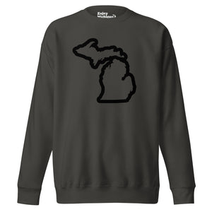 Michigan Outline premium sweatshirt shown in vintage black with a black Michigan outline graphic printed on the front. By Enjoy Michigan.