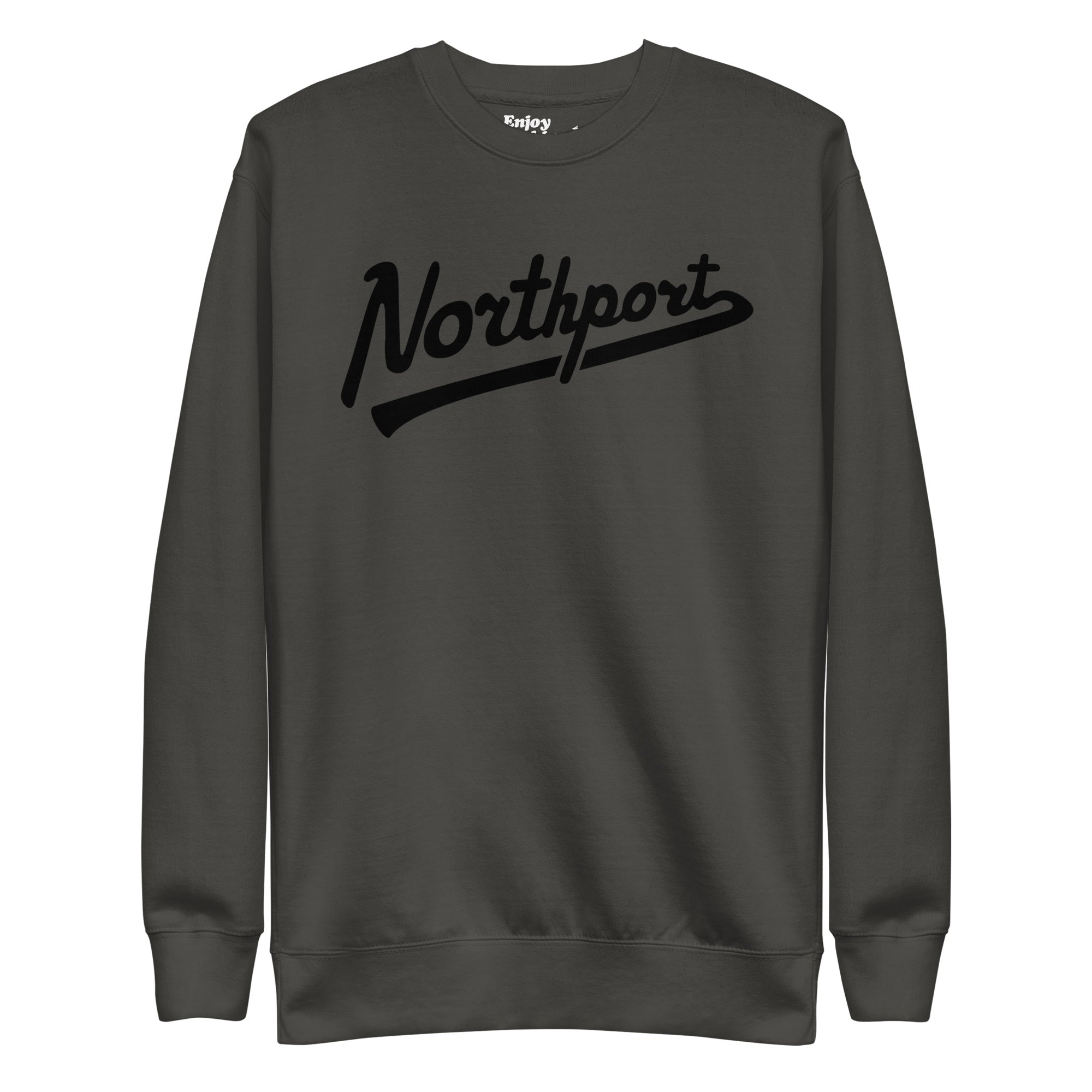 Northport Script premium sweatshirt shown in vintage black with a black sport script style graphic printed on the front. By Enjoy Michigan