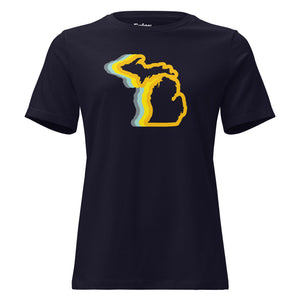 Product Michigan 70's Relaxed Fit Premium T-shirt shown in navy with a gold and blue graphic of the state of Michigan printed on the front. By Enjoy-Michigan