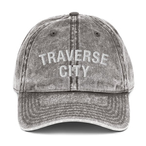 Traverse City Vintage Cotton Twill Cap  Enjoy Michigan Charcoal Grey  